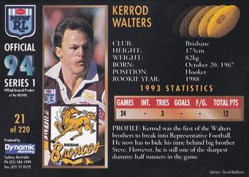 1994 Dynamic Rugby League Series 1 #21 Kerrod Walters Back